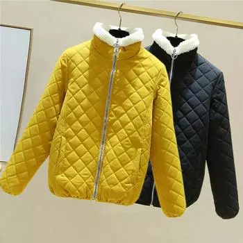 Женское пальто из хлопка и овчины осень/зима 2024 года — воротник-стойка, повседневный свободный крой, теплый и стильный узор в ромбовидную клетку. 2XL зелёный