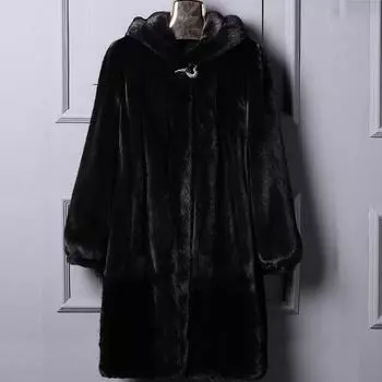 Женское пальто из искусственного меха, длинное пальто с меховым капюшоном L чёрный