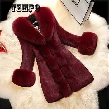 Женское пальто из искусственного меха, утепленное пальто с v-образным вырезом, длинным рукавом, средней длины, с воротником из искусственного лисы, темпераментная одежда с хлопковой подкладкой, осень и зима XXL