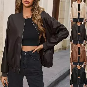 Женское пальто из искусственной кожи с длинным рукавом, кардиган, женская байкерская куртка на молнии, верхняя одежда S коричневый