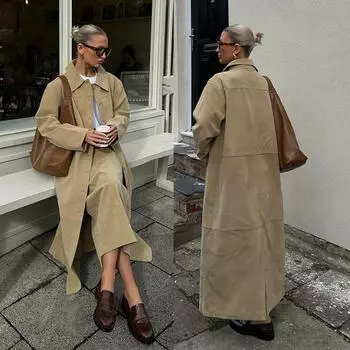 Женское пальто из искусственной кожи с узкими лацканами, однобортное пальто, повседневный тренч цвета хаки, винтажный британский стиль, новая мода, для поездок на работу, весна и осень S