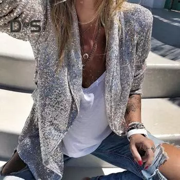 Женское пальто, кардиган с блестящими пайетками и длинными рукавами, открытый стежок, длинный рукав, клубный сценический блейзер, куртка для путешествий на весну и осень L чёрный