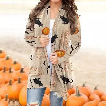 Женское пальто-кардиган с принтом кота на Хэллоуин L