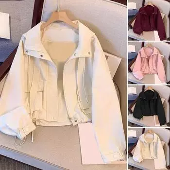 Женское пальто-карго с капюшоном, свободное однотонное пальто с длинными рукавами, застежкой-молнией, коротким типом, со шнурком и карманами, тонкая женская куртка для поездок на работу и обратно M чёрный