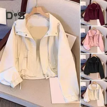 Женское пальто-карго с капюшоном, свободное однотонное пальто с длинными рукавами, застежкой-молнией, коротким типом, со шнурком и карманами, тонкая женская куртка для поездок на работу и обратно XXL чёрный