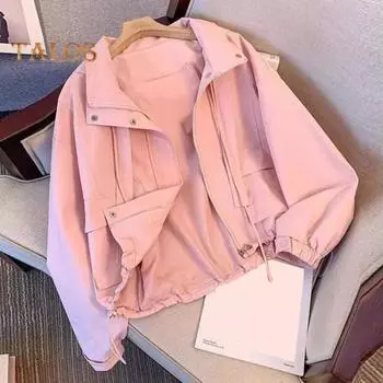 Женское пальто-карго с капюшоном, свободное однотонное пальто с длинными рукавами, застежкой-молнией, коротким типом, со шнурком и карманами, тонкая женская куртка для поездок на работу и обратно L чёрный