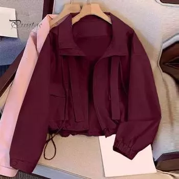 Женское пальто-карго с капюшоном, свободное однотонное пальто с длинными рукавами, застежкой-молнией, коротким типом, со шнурком и карманами, тонкая женская куртка для поездок на работу и обратно L розовый