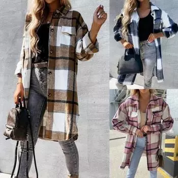 Женское пальто, клетчатая однобортная осенне-зимняя куртка с отложным воротником и длинными рукавами для офиса 2XL черный белый