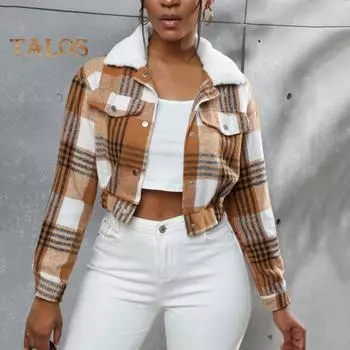 Женское пальто, короткое клетчатое пальто с отложным воротником и длинными рукавами, эластичный подол, однобортная осенне-зимняя повседневная куртка S жёлтый