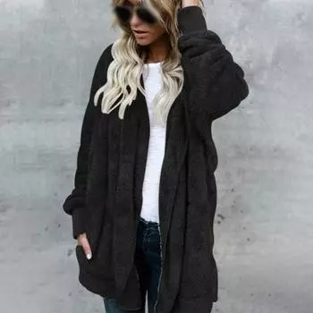 Женское пальто-куртка Тедди Зимнее Пушистое Свободное Кардиган Верхняя одежда Большого размера Black,L