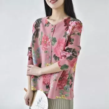 Женское пальто, маленькая свободная футболка с ароматным ветром, женская весна-осень 2023, складной кардиган с цветочным принтом, повседневная универсальная футболка M розовый