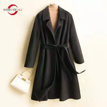 Женское пальто MODERN NEW SAGA, 100% шерсть, осеннее шерстяное длинное пальто, зимние шерстяные пальто, кашемировое пальто, пояс, большие размеры