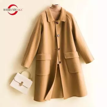 Женское пальто MODERN NEW SAGA из 100% мериносовой шерсти, осеннее шерстяное длинное пальто, зимнее пальто из смесовой шерсти