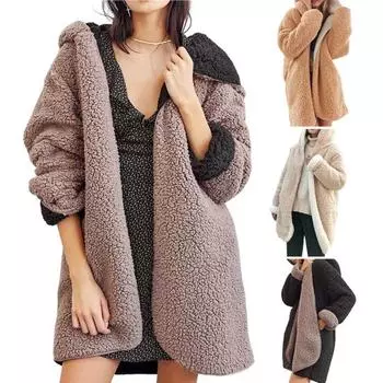 Женское пальто, модное утолщенное пальто с длинными рукавами, мягкая текстура, сплошной цвет, повседневная одежда, полиэстер, застежка-молния, женское плюшевое пальто с капюшоном для улицы M чёрный