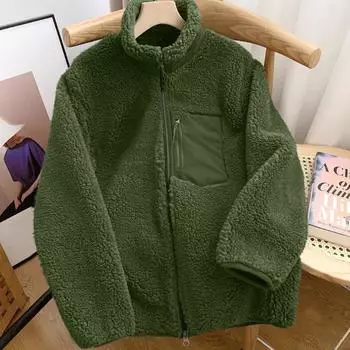 Женское пальто на молнии ветрозащитный стоячий воротник теплая куртка из овечьей шерсти с карманами зимняя XL