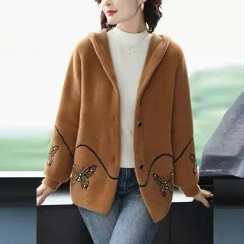 Женское пальто на осень и зиму, толстый свободный вязаный свитер, куртка для среднего и пожилого возраста, корейская версия зарубежного стиля L зелёный