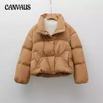 Женское пальто на утином пуху 90% пух осенне-зимний воротник однотонный простой утиный пуховик S хаки