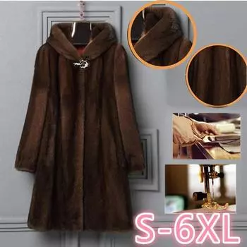 Женское пальто, новая шуба на осень и зиму, женское длинное пальто из искусственной норки, замша с капюшоном XXXXXL коричневый