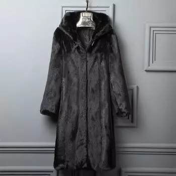 Женское пальто, новая шуба на осень и зиму, женское длинное пальто из искусственной норки, замша с капюшоном S коричневый