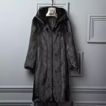 Женское пальто, новая шуба на осень и зиму, женское длинное пальто из искусственной норки, замша с капюшоном S коричневый