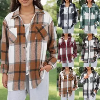 Женское пальто осень и зима клетчатая рубашка пуговицы модное шерстяное пальто XXXL зелёный