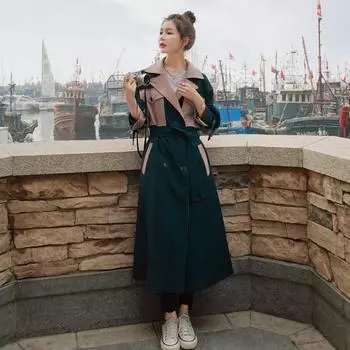 Женское пальто осень новая длинная ветровка женская поясная талия топ S