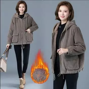 Женское пальто осень-зима добавить бархат теплая куртка корейский карман с капюшоном повседневная верхняя одежда свободная женская M серый