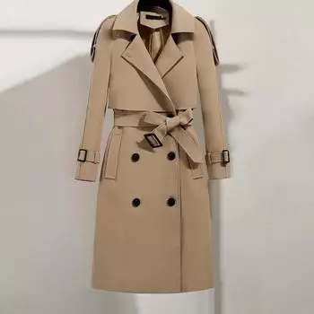 Женское пальто осень-зима с отложным воротником с поясом Элегантный однотонный двойной карман с длинными рукавами Толстая теплая офисная женская куртка средней длины Верхняя одежда 2XL хаки