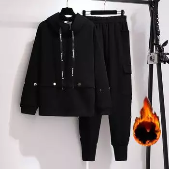 Женское пальто осенне-зимнего размера плюс плюшевый комплект с толстым капюшоном, спортивный костюм 2XL чёрный