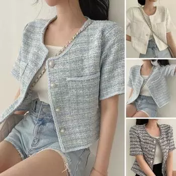 Женское пальто, пиджак во французском стиле, элегантная однобортная однобортная куртка с короткими рукавами и короткими рукавами, цвет весна-осень S синий