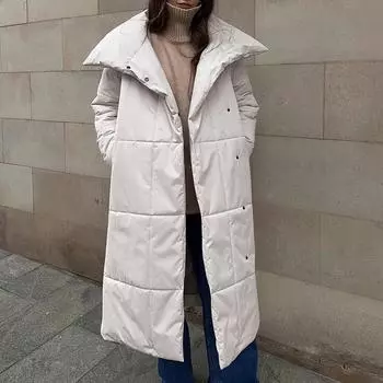 Женское пальто, повседневная однотонная свободная длинная и теплая хлопковая куртка L бежевый