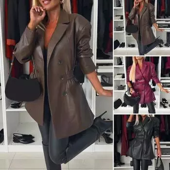 Женское пальто с эластичной талией, гладкая поверхность, искусственная кожа, отложной воротник, куртка средней длины, однотонная двубортная верхняя одежда S вино красного
