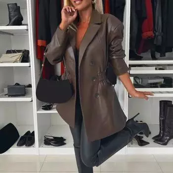 Женское пальто с эластичной талией, гладкая поверхность, искусственная кожа, отложной воротник, куртка средней длины, однотонная двубортная верхняя одежда S вино красного