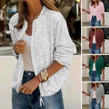 Женское пальто с блестками, круглым вырезом, застежкой-молнией, длинными рукавами, кардиганом, коротким типом S серый