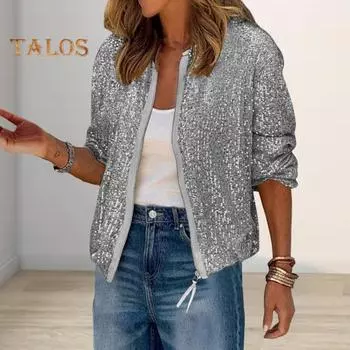 Женское пальто с блестками, круглым вырезом, застежкой-молнией, длинными рукавами, кардиганом, коротким, свободным, для клуба, выступлений, сценических вечеринок S