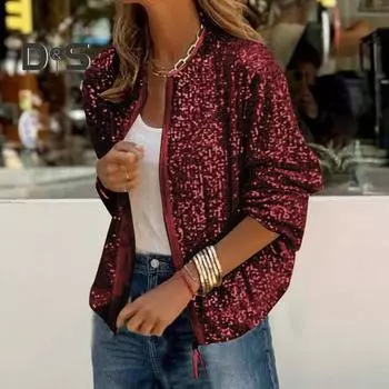 Женское пальто с блестками, круглым вырезом, застежкой-молнией, длинными рукавами, кардиганом, коротким, свободным, для клуба, выступлений, сценических вечеринок S