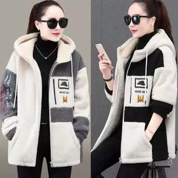 Женское пальто с цветными блоками в стиле пэчворк с плюшевым мишкой, женская повседневная флисовая куртка с капюшоном и длинными рукавами, свободная теплая утолщенная верхняя одежда 2XL чёрный