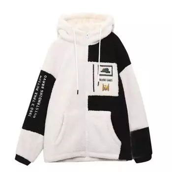 Женское пальто с цветными блоками в стиле пэчворк с плюшевым мишкой, женская повседневная флисовая куртка с капюшоном и длинными рукавами, свободная теплая утолщенная верхняя одежда M