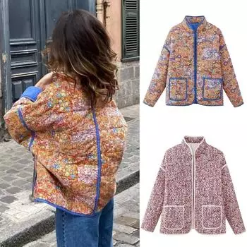 Женское пальто с цветочным принтом, стеганое двустороннее пальто с длинными рукавами и открытой передней частью, куртки 2 в одном, осеннее винтажное уличное пальто L