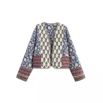 Женское пальто с цветочным принтом, стеганые двусторонние куртки с длинным рукавом, осенне-зимние винтажные уличные пальто, куртки M синий