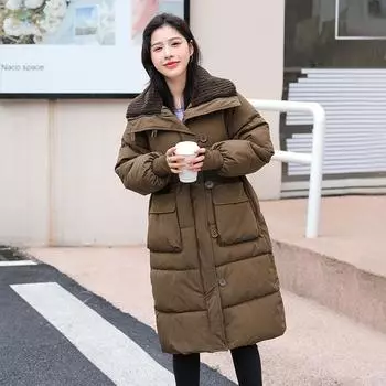 Женское пальто с хлопковой подкладкой, средней длины, в корейском стиле, зимнее повседневное трикотажное пальто с утолщенными лацканами, пальто выше колена, свободное однотонное пальто с хлопковой подкладкой S