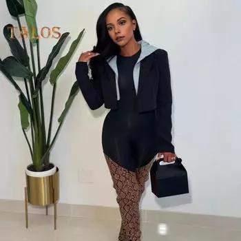 Женское пальто с капюшоном и длинным рукавом, имитация двухкомпонентной короткой куртки, американский стиль, застежка-молния, верхняя одежда, повседневная одежда S чёрный