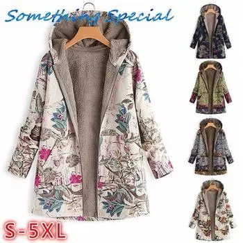 Женское пальто с капюшоном и принтом в виде листьев, винтажная куртка с длинным рукавом и цветочным принтом, зимняя утепленная верхняя одежда больших размеров S-5XL 2XL синий