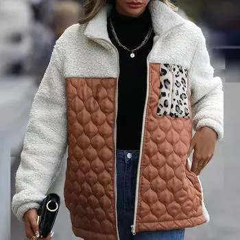 Женское пальто с капюшоном из искусственного овечьего флиса, зимняя куртка с длинным рукавом и леопардовым принтом S кофейный
