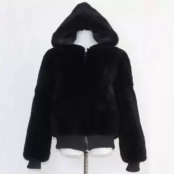 Женское пальто с капюшоном из натурального меха кролика Рекс, натуральная толстая куртка из меха кролика Рекс, женская теплая куртка из 100% натурального меха кролика Рекс S чёрный