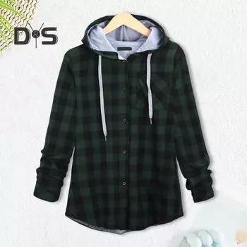 Женское пальто с капюшоном, клетчатым принтом, завязками, однобортным жакетом, нагрудным карманом, рубашка, кардиган с длинными рукавами, осенне-зимняя повседневная офисная одежда, толстовка с капюшоном XL синий