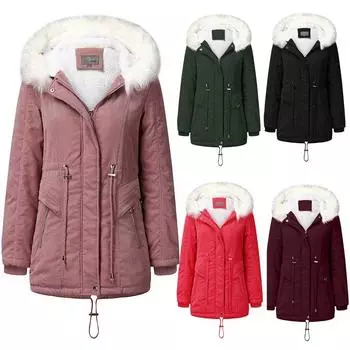 Женское пальто с капюшоном на шнурке, теплое пальто с флисовой подкладкой, тонкое пальто на молнии XXXL чёрный