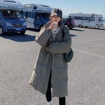 Женское пальто с капюшоном, новинка 2023 года, зима, большое свободное пальто средней длины, плотное женское пальто выше колена S чёрный