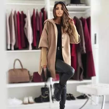 Женское пальто с капюшоном, осенне-зимняя мода, повседневная однотонная одежда с длинным рукавом, свободная, элегантная верхняя одежда S чёрный