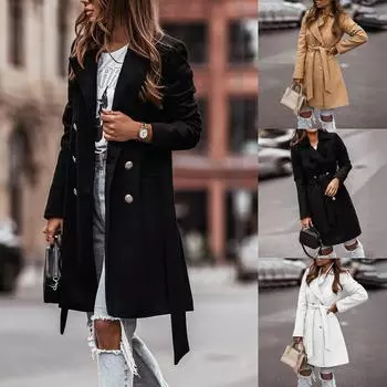 Женское пальто с капюшоном - осеннее и зимнее шерстяное пальто с лацканами, куртка-тренч, длинное пальто L чёрный